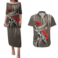 Hawaiian Honu Personalized Couples Matching Puletasi and Hawaiian Shirt Mocha Mousse Hibiscus Tribal Hook Pattern