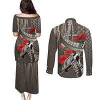 Hawaiian Honu Personalized Couples Matching Puletasi and Long Sleeve Button Shirt Mocha Mousse Hibiscus Tribal Hook Pattern