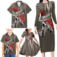 Hawaiian Honu Personalized Family Matching Long Sleeve Bodycon Dress and Hawaiian Shirt Mocha Mousse Hibiscus Tribal Hook Pattern