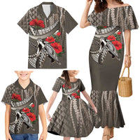Hawaiian Honu Personalized Family Matching Mermaid Dress and Hawaiian Shirt Mocha Mousse Hibiscus Tribal Hook Pattern