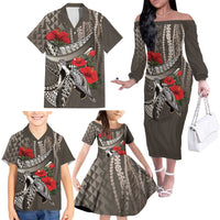 Hawaiian Honu Personalized Family Matching Off The Shoulder Long Sleeve Dress and Hawaiian Shirt Mocha Mousse Hibiscus Tribal Hook Pattern
