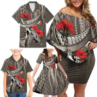 Hawaiian Honu Personalized Family Matching Off Shoulder Short Dress and Hawaiian Shirt Mocha Mousse Hibiscus Tribal Hook Pattern