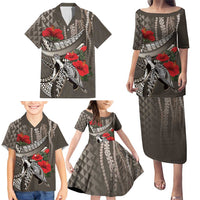 Hawaiian Honu Personalized Family Matching Puletasi and Hawaiian Shirt Mocha Mousse Hibiscus Tribal Hook Pattern