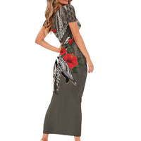 Hawaiian Honu Personalized Family Matching Short Sleeve Bodycon Dress and Hawaiian Shirt Mocha Mousse Hibiscus Tribal Hook Pattern