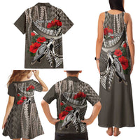 Hawaiian Honu Personalized Family Matching Tank Maxi Dress and Hawaiian Shirt Mocha Mousse Hibiscus Tribal Hook Pattern