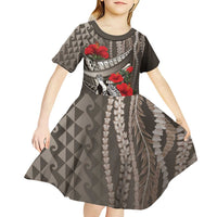 Hawaiian Honu Personalized Kid Short Sleeve Dress Mocha Mousse Hibiscus Tribal Hook Pattern