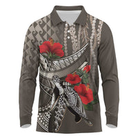 Hawaiian Honu Personalized Long Sleeve Polo Shirt Mocha Mousse Hibiscus Tribal Hook Pattern