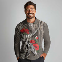 Hawaiian Honu Personalized Long Sleeve Polo Shirt Mocha Mousse Hibiscus Tribal Hook Pattern