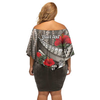 Hawaiian Honu Personalized Off Shoulder Short Dress Mocha Mousse Hibiscus Tribal Hook Pattern