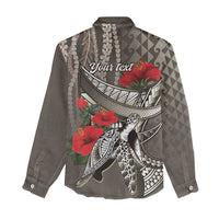Hawaiian Honu Personalized Women Casual Shirt Mocha Mousse Hibiscus Tribal Hook Pattern LT9 - Polynesian Pride
