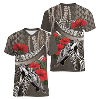 Hawaiian Honu Personalized Women V-Neck T-Shirt Mocha Mousse Hibiscus Tribal Hook Pattern LT9 - Polynesian Pride