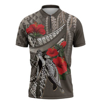 Hawaiian Honu Personalized Zipper Polo Shirt Mocha Mousse Hibiscus Tribal Hook Pattern