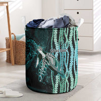 Hawaiian Honu Personalized Laundry Basket Dark Cyan Maile Pikake Flower Lei Inspired