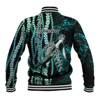 Hawaiian Honu Personalized Baseball Jacket Dark Cyan Maile Pikake Flower Lei Inspired