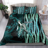 Hawaiian Honu Personalized Bedding Set Dark Cyan Maile Pikake Flower Lei Inspired