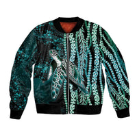 Hawaiian Honu Personalized Bomber Jacket Dark Cyan Maile Pikake Flower Lei Inspired