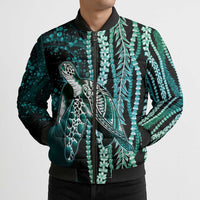 Hawaiian Honu Personalized Bomber Puffer Jacket Dark Cyan Maile Pikake Flower Lei Inspired