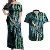 Hawaiian Honu Personalized Couples Matching Off Shoulder Maxi Dress and Hawaiian Shirt Dark Cyan Maile Pikake Flower Lei Inspired