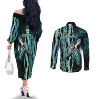 Hawaiian Honu Personalized Couples Matching Off The Shoulder Long Sleeve Dress and Long Sleeve Button Shirt Dark Cyan Maile Pikake Flower Lei Inspired
