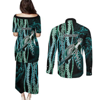 Hawaiian Honu Personalized Couples Matching Puletasi and Long Sleeve Button Shirt Dark Cyan Maile Pikake Flower Lei Inspired