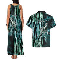 Hawaiian Honu Personalized Couples Matching Tank Maxi Dress and Hawaiian Shirt Dark Cyan Maile Pikake Flower Lei Inspired