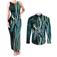 Hawaiian Honu Personalized Couples Matching Tank Maxi Dress and Long Sleeve Button Shirt Dark Cyan Maile Pikake Flower Lei Inspired