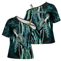 Hawaiian Honu Personalized Cross Shoulder Shirt Dark Cyan Maile Pikake Flower Lei Inspired