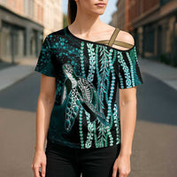Hawaiian Honu Personalized Cross Shoulder Shirt Dark Cyan Maile Pikake Flower Lei Inspired