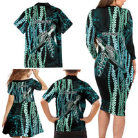 Hawaiian Honu Personalized Family Matching Long Sleeve Bodycon Dress and Hawaiian Shirt Dark Cyan Maile Pikake Flower Lei Inspired