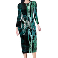 Hawaiian Honu Personalized Family Matching Long Sleeve Bodycon Dress and Hawaiian Shirt Dark Cyan Maile Pikake Flower Lei Inspired
