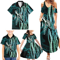 Hawaiian Honu Personalized Family Matching Summer Maxi Dress and Hawaiian Shirt Dark Cyan Maile Pikake Flower Lei Inspired