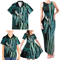 Hawaiian Honu Personalized Family Matching Tank Maxi Dress and Hawaiian Shirt Dark Cyan Maile Pikake Flower Lei Inspired