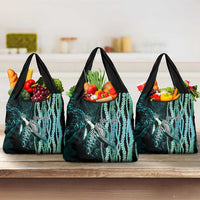 Hawaiian Honu Personalized Grocery Bag Dark Cyan Maile Pikake Flower Lei Inspired