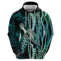 Hawaiian Honu Personalized Hoodie Dark Cyan Maile Pikake Flower Lei Inspired