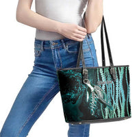 Hawaiian Honu Personalized Leather Tote Bag Dark Cyan Maile Pikake Flower Lei Inspired