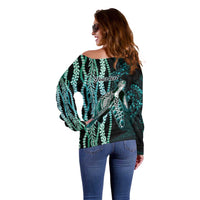 Hawaiian Honu Personalized Off Shoulder Sweater Dark Cyan Maile Pikake Flower Lei Inspired LT9 - Polynesian Pride