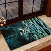 Hawaiian Honu Personalized Rubber Doormat Dark Cyan Maile Pikake Flower Lei Inspired