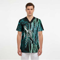 Hawaiian Honu Personalized Scrub Top Dark Cyan Maile Pikake Flower Lei Inspired