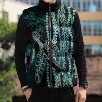Hawaiian Honu Personalized Sleeveless Puffer Jacket Dark Cyan Maile Pikake Flower Lei Inspired