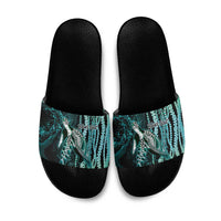 Hawaiian Honu Personalized Slide Sandals Dark Cyan Maile Pikake Flower Lei Inspired LT9 Cyan - Polynesian Pride