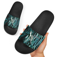 Hawaiian Honu Personalized Slide Sandals Dark Cyan Maile Pikake Flower Lei Inspired LT9 - Polynesian Pride