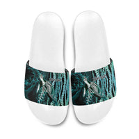 Hawaiian Honu Personalized Slide Sandals Dark Cyan Maile Pikake Flower Lei Inspired LT9 Cyan - Polynesian Pride