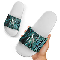 Hawaiian Honu Personalized Slide Sandals Dark Cyan Maile Pikake Flower Lei Inspired LT9 - Polynesian Pride