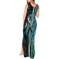 Hawaiian Honu Personalized Tank Maxi Dress Dark Cyan Maile Pikake Flower Lei Inspired