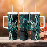 Hawaiian Honu Personalized Tumbler With Handle Dark Cyan Maile Pikake Flower Lei Inspired