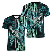 Hawaiian Honu Personalized Women V-Neck T-Shirt Dark Cyan Maile Pikake Flower Lei Inspired