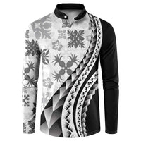 Black Hawaiian Quilt Pattern Button Sweatshirt Mixed Polynesian Tribal Arty