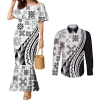 Black Hawaiian Quilt Pattern Couples Matching Mermaid Dress and Long Sleeve Button Shirt Mixed Polynesian Tribal Arty