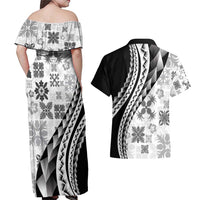 Black Hawaiian Quilt Pattern Couples Matching Off Shoulder Maxi Dress and Hawaiian Shirt Mixed Polynesian Tribal Arty