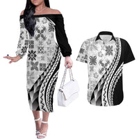 Black Hawaiian Quilt Pattern Couples Matching Off The Shoulder Long Sleeve Dress and Hawaiian Shirt Mixed Polynesian Tribal Arty